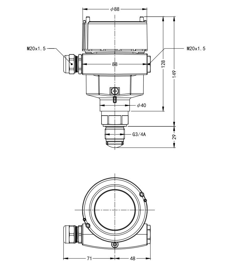 Dimensional drawing of JWrada-31 Radar Level Meter JWrada®-31 Radar Level Meter