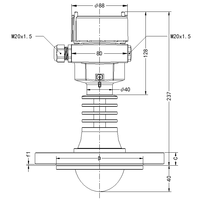 Dimensional drawing of JWrada-33 Corrosion-Resistant Radar Level Meter JWrada-33 Corrosion-Resistant Radar Level Meter