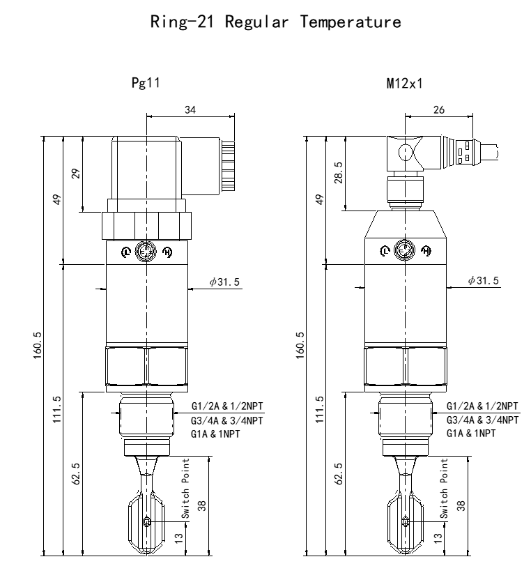 Dimensions of Ring‑21 vibrating level switch Reliable Oil Tank Point Level Detection in Rotor Gearboxes with Jiwei Vibrating Level Switch
