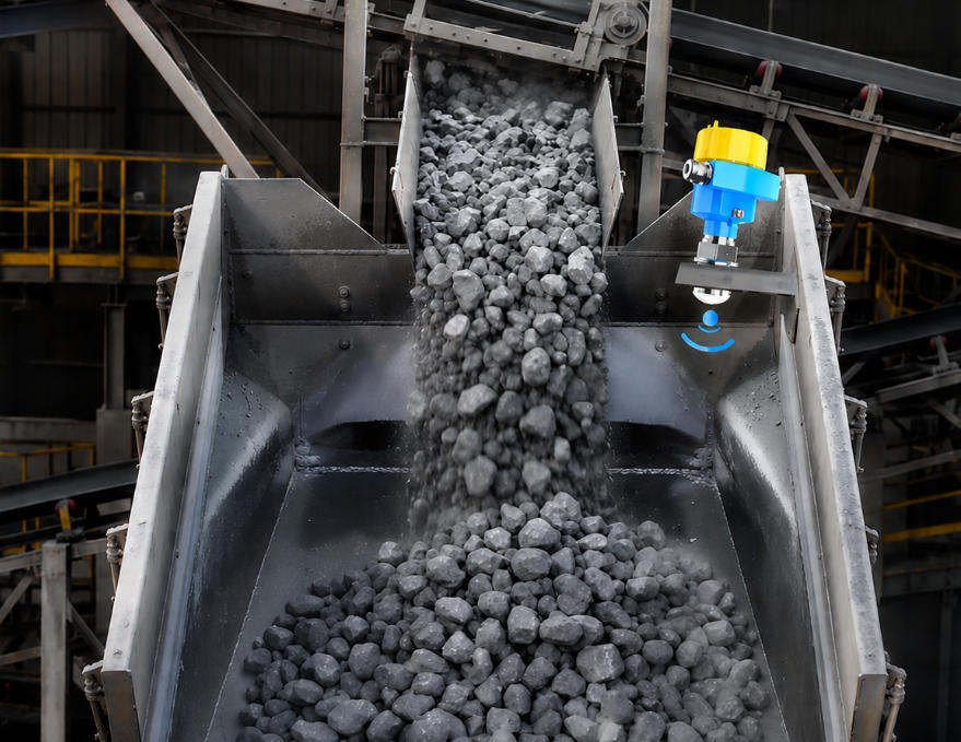 Jiwei JWrada® PRO industrial radar level transmitter installed on a mining stone surge bin, providing accurate level measurement in high-dust environments Jiwei JWrada® PRO Industrial Radar Level Transmitters Applied in a Mining Project for High-Accuracy Bulk Solids Level Measurement
