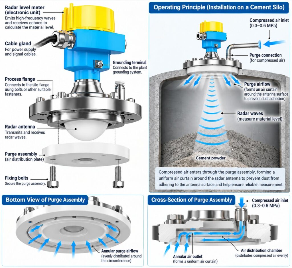 The purge structure of the Jiwei JWrada-34 helps address antenna dust accumulation in demanding powder measurement applications Why a Southeast Asian Building Materials Giant Chose 118 Jiwei JWrada Radar Level Meters